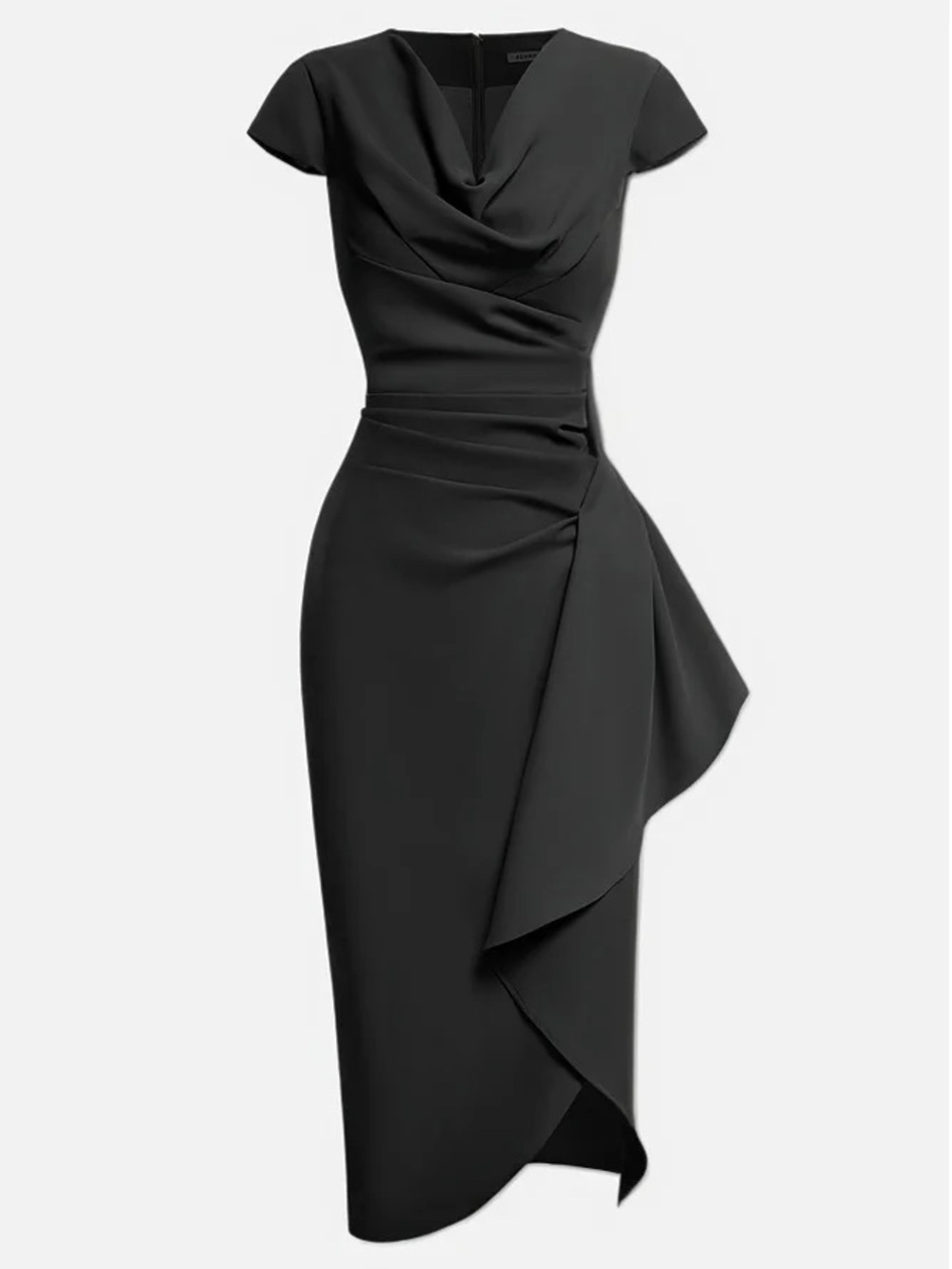 Black Draped Midi Dress with Asymmetric Ruffle
